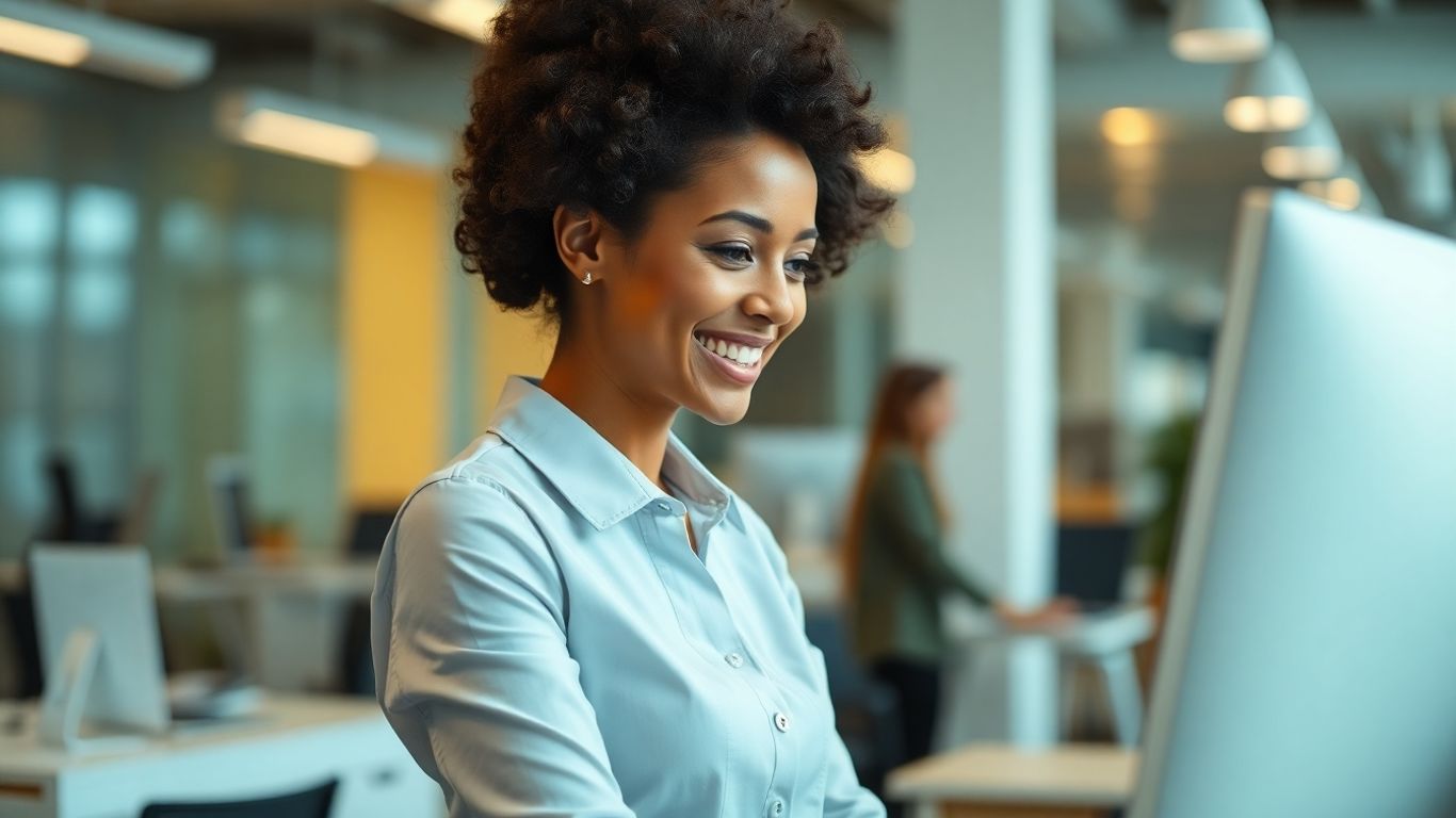 Professional woman working efficiently in a modern office.