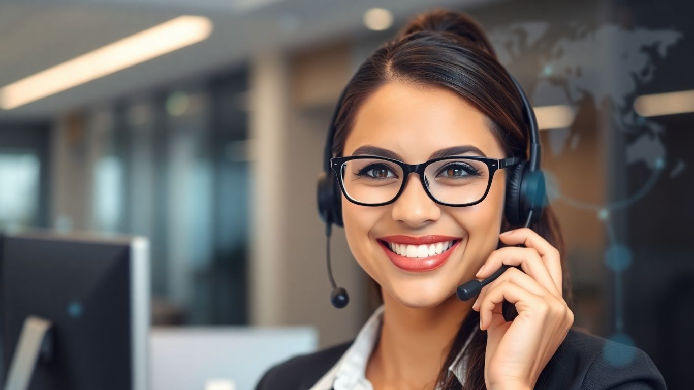 Professional receptionist with headset, connected globally.