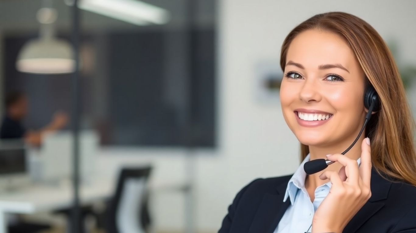 Professional receptionist with headset in a modern office.