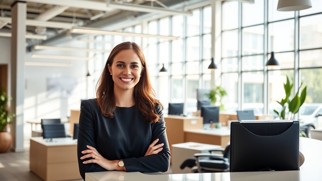 Professional receptionist in a bright, modern office.
