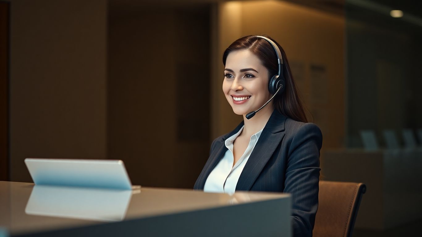Professional receptionist answering a business call with a headset.