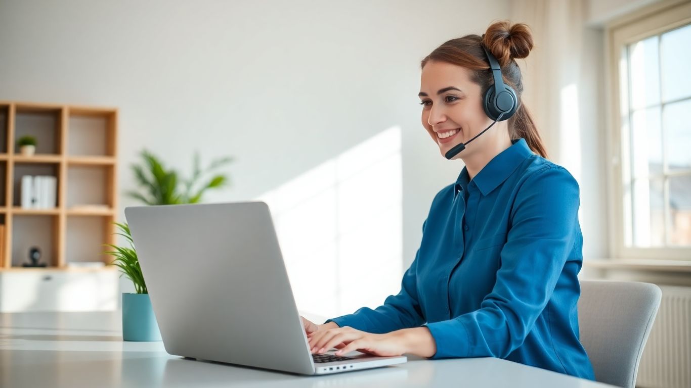 Woman working remotely with headset and laptop.