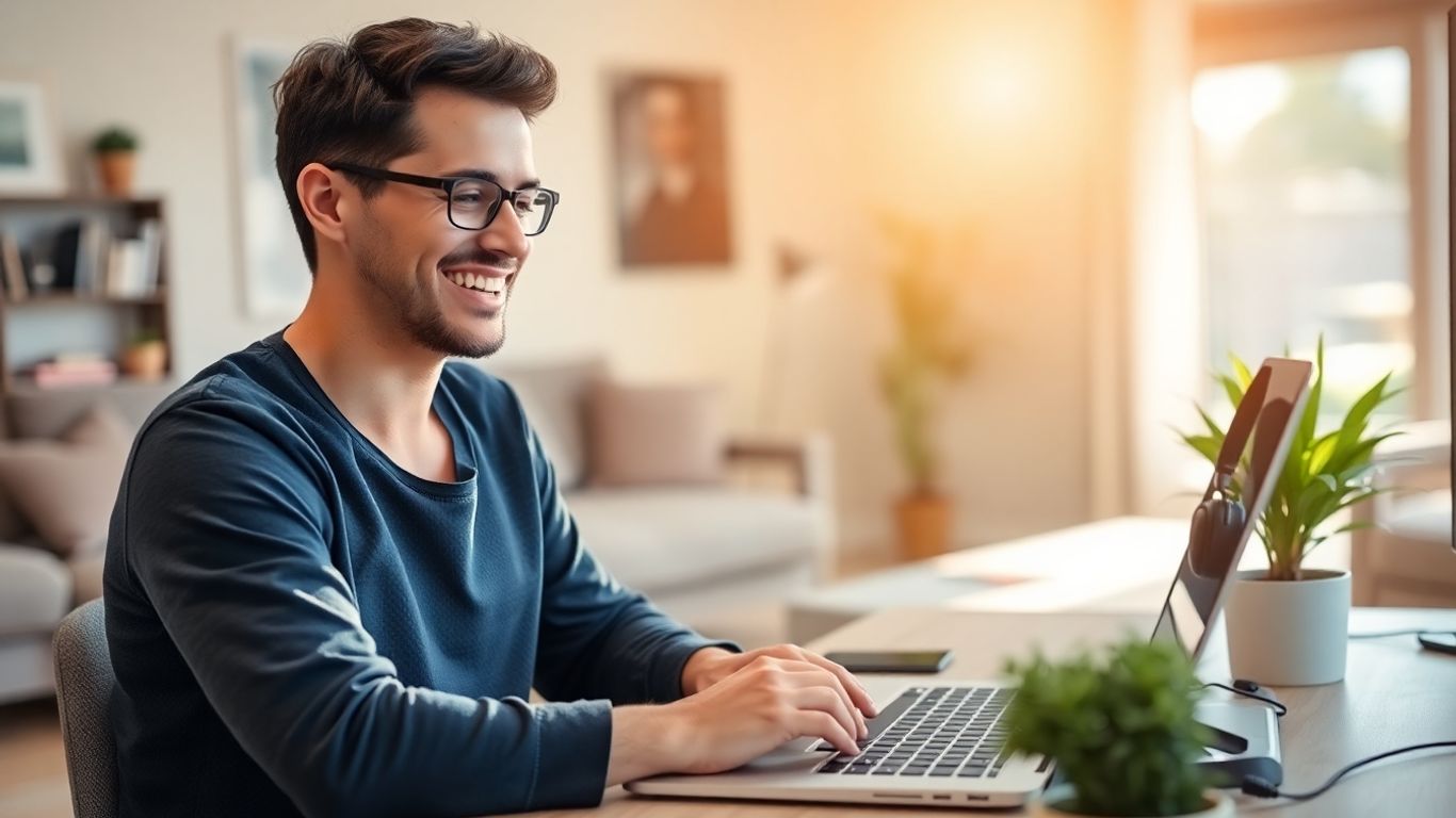 Person working remotely on a laptop with a headset.