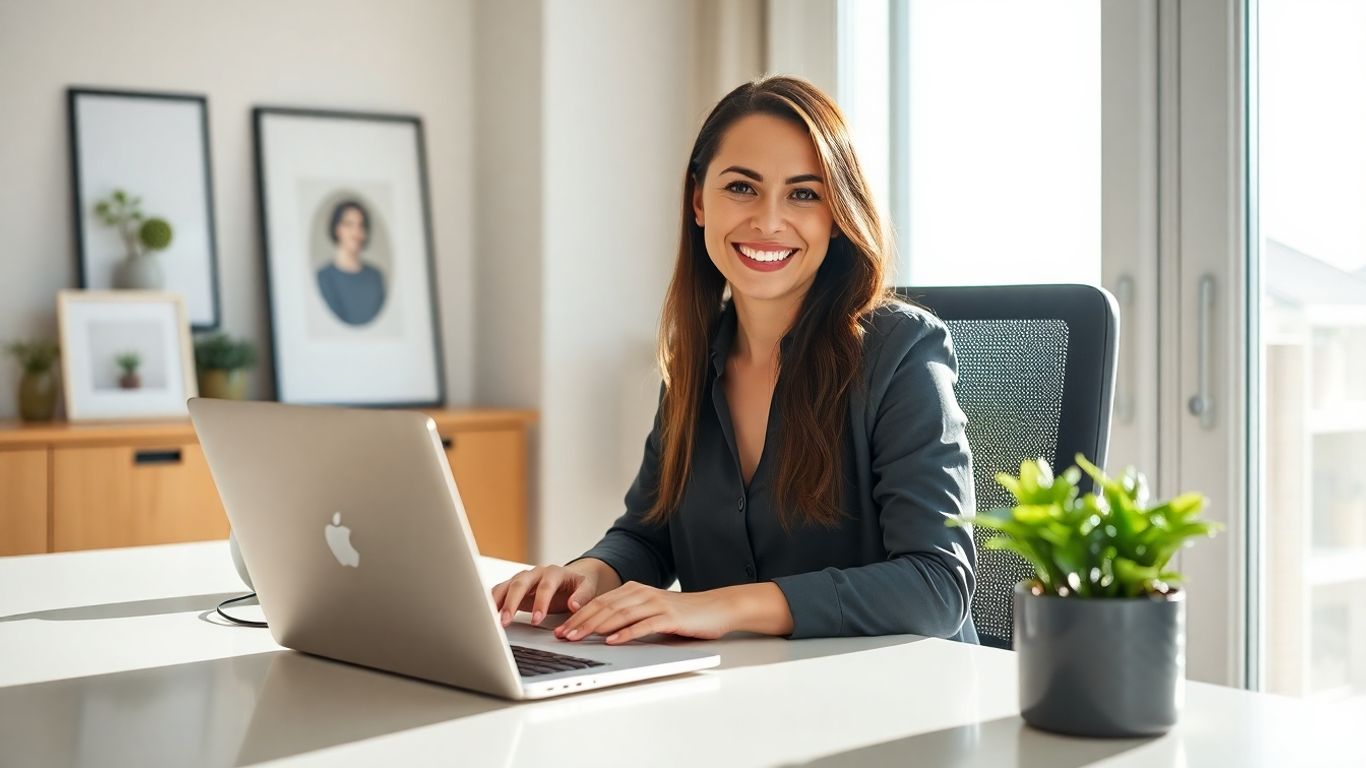 Virtual receptionist working from a modern home office.