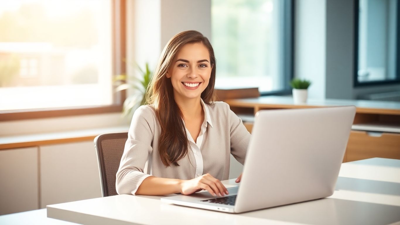 Professional woman working at a desk with a laptop.