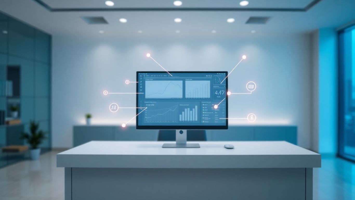 Automated front desk interface with glowing workflow connections.