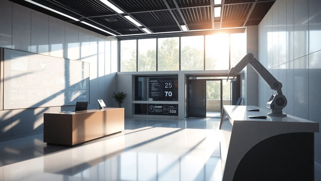 Automated front desk with digital interfaces and robotic arms.