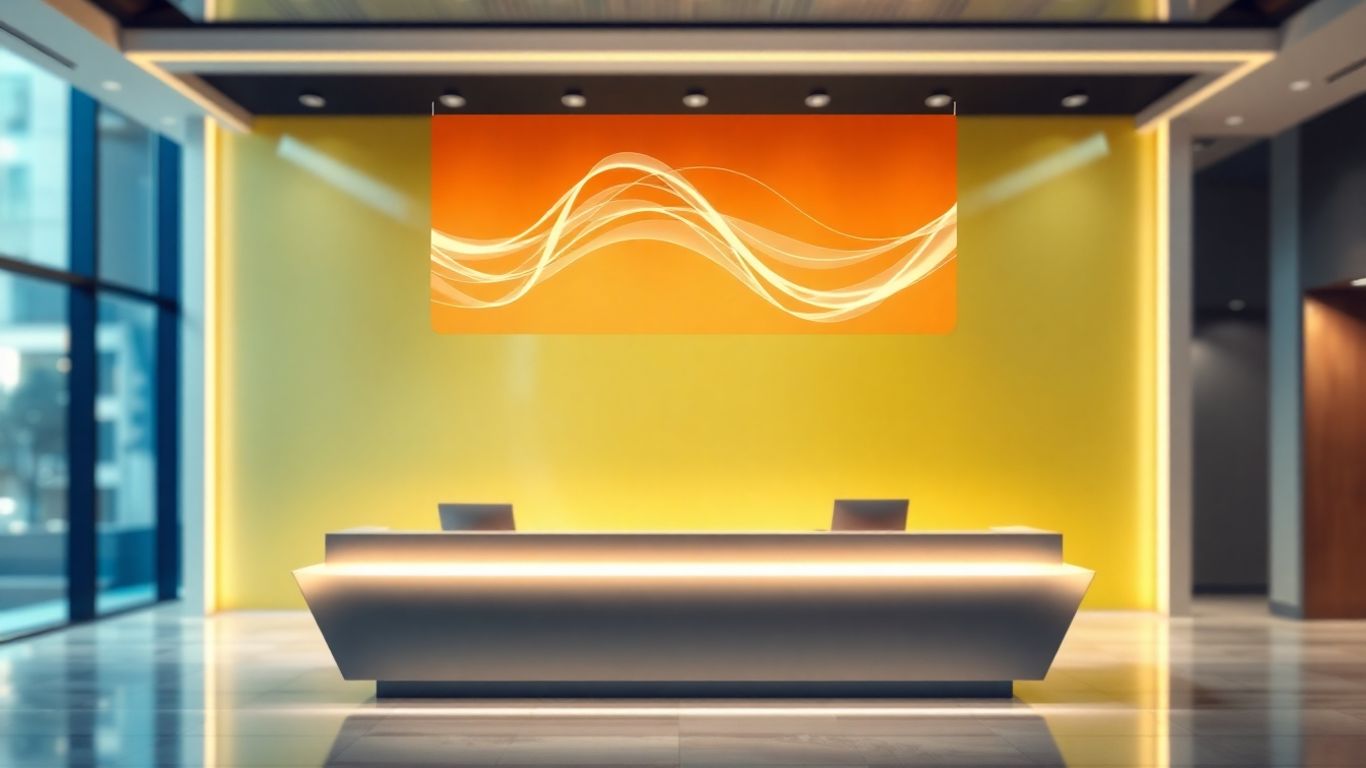 Automated front desk with glowing digital interface.