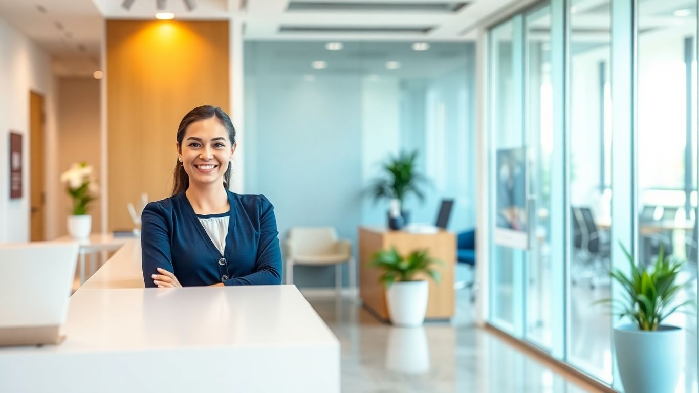 Professional receptionist assisting a visitor at a desk.