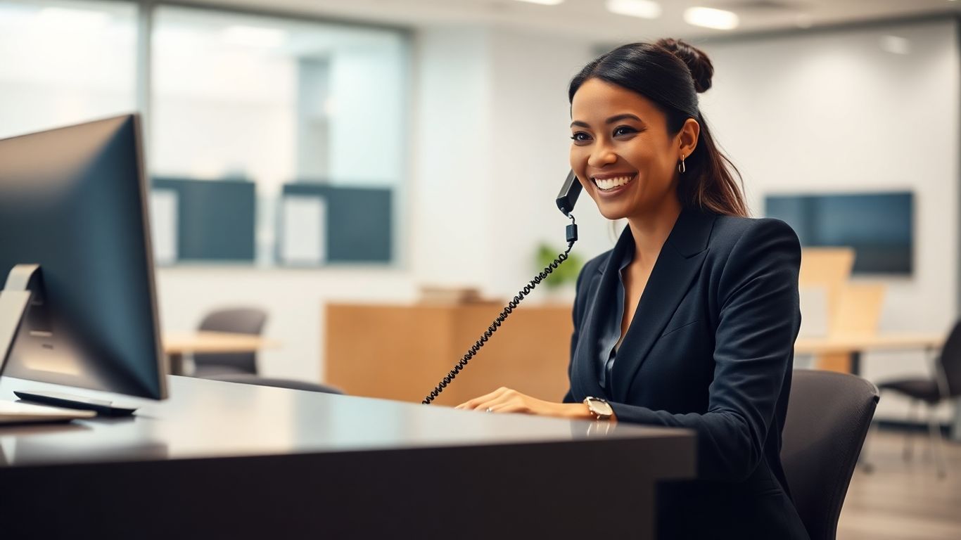 Professional receptionist answering a phone call at a modern desk.