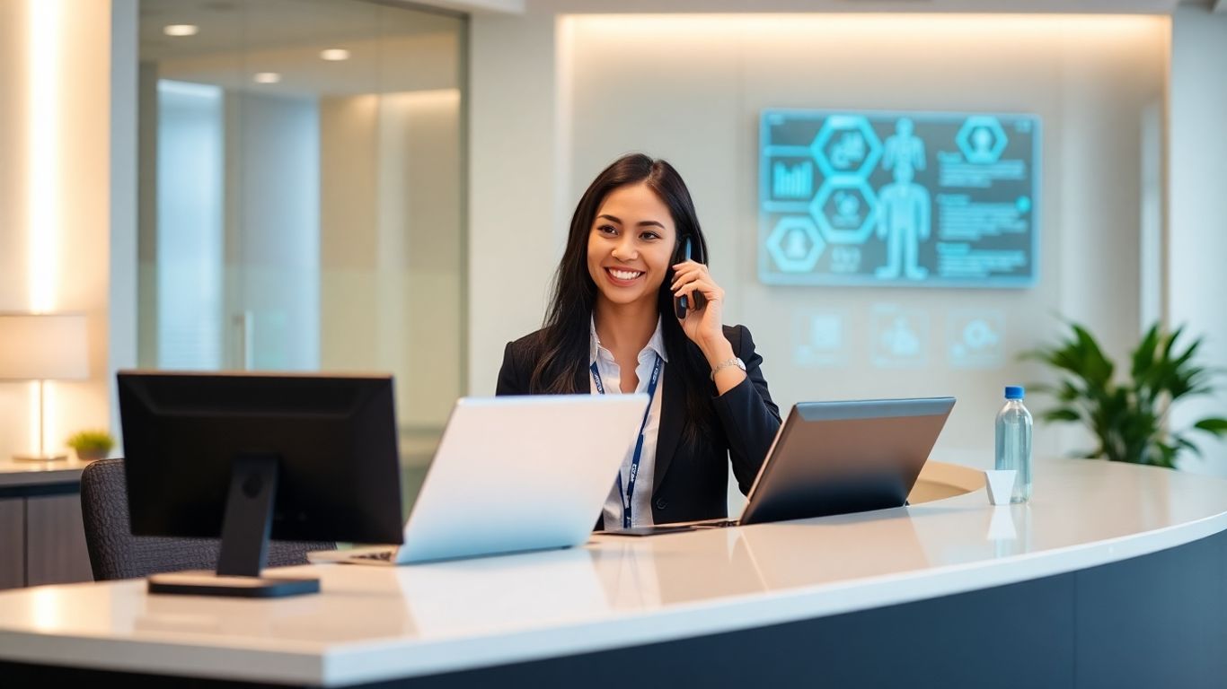 Professional receptionist using advanced technology at a modern desk.