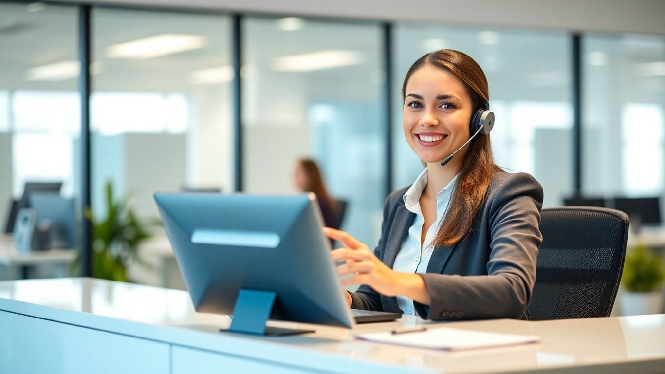 Professional receptionist managing calls and appointments in a bright office.