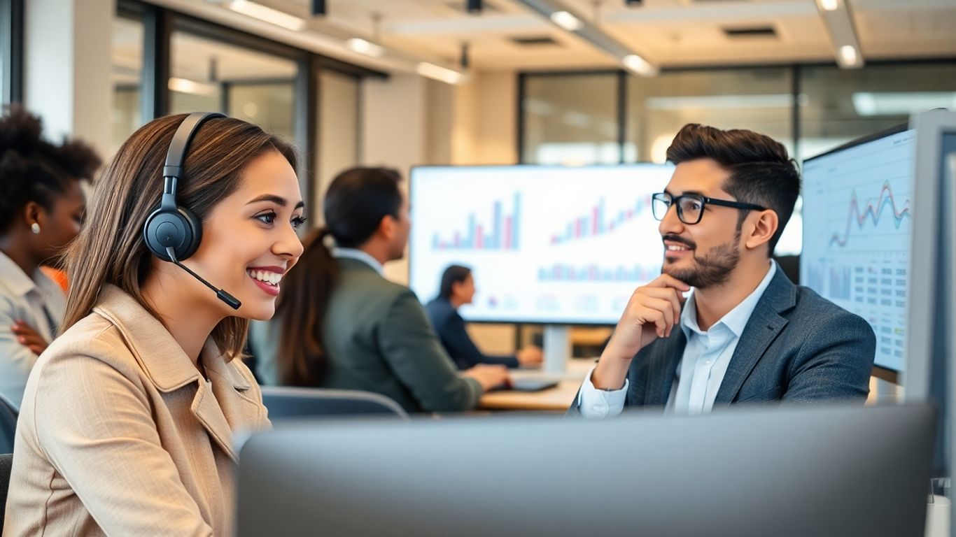 AI and human agents working together in a modern office.