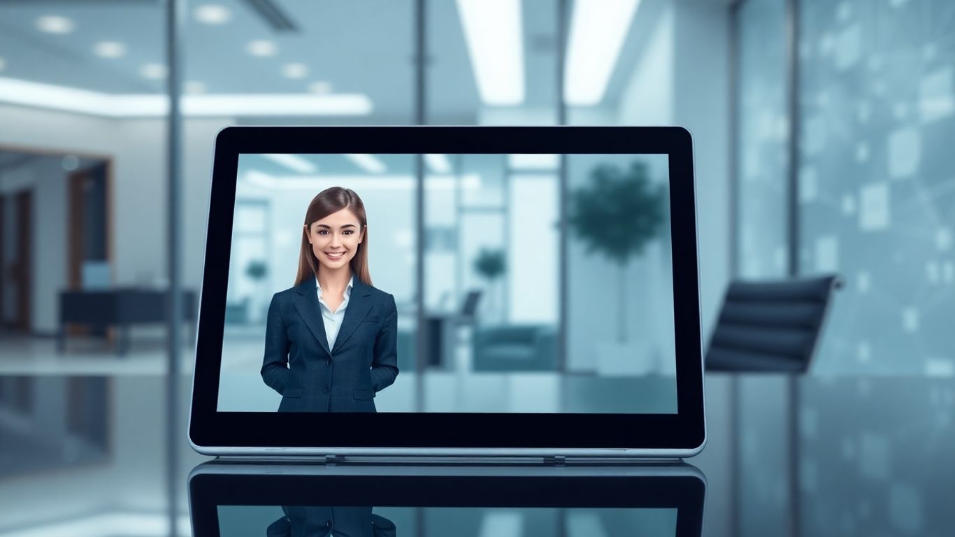 Virtual receptionist avatar on tablet screen in modern office.