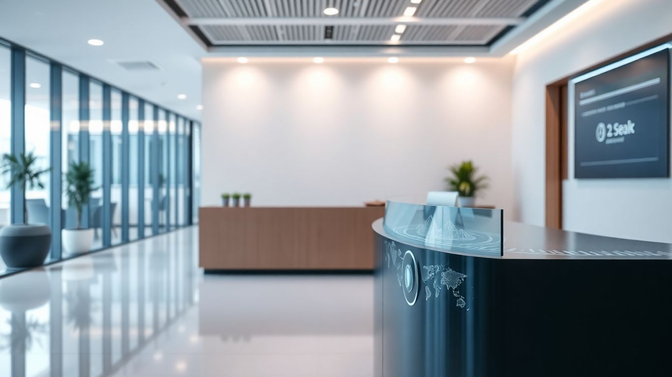 AI virtual receptionist interface at an office desk.