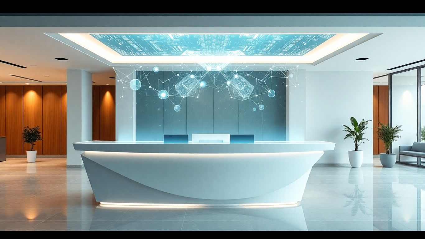 AI virtual receptionist interface in a modern office.
