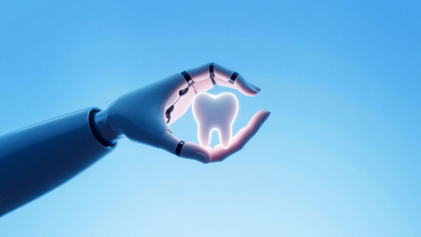 Robot arm holding a glowing tooth