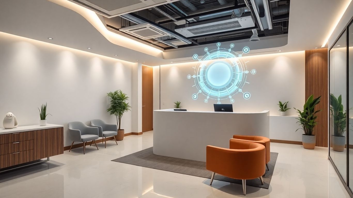 AI receptionist interface in a modern dental office.