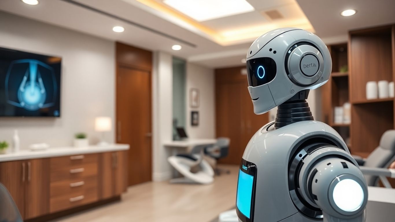 AI receptionist assisting patient in a dental office.