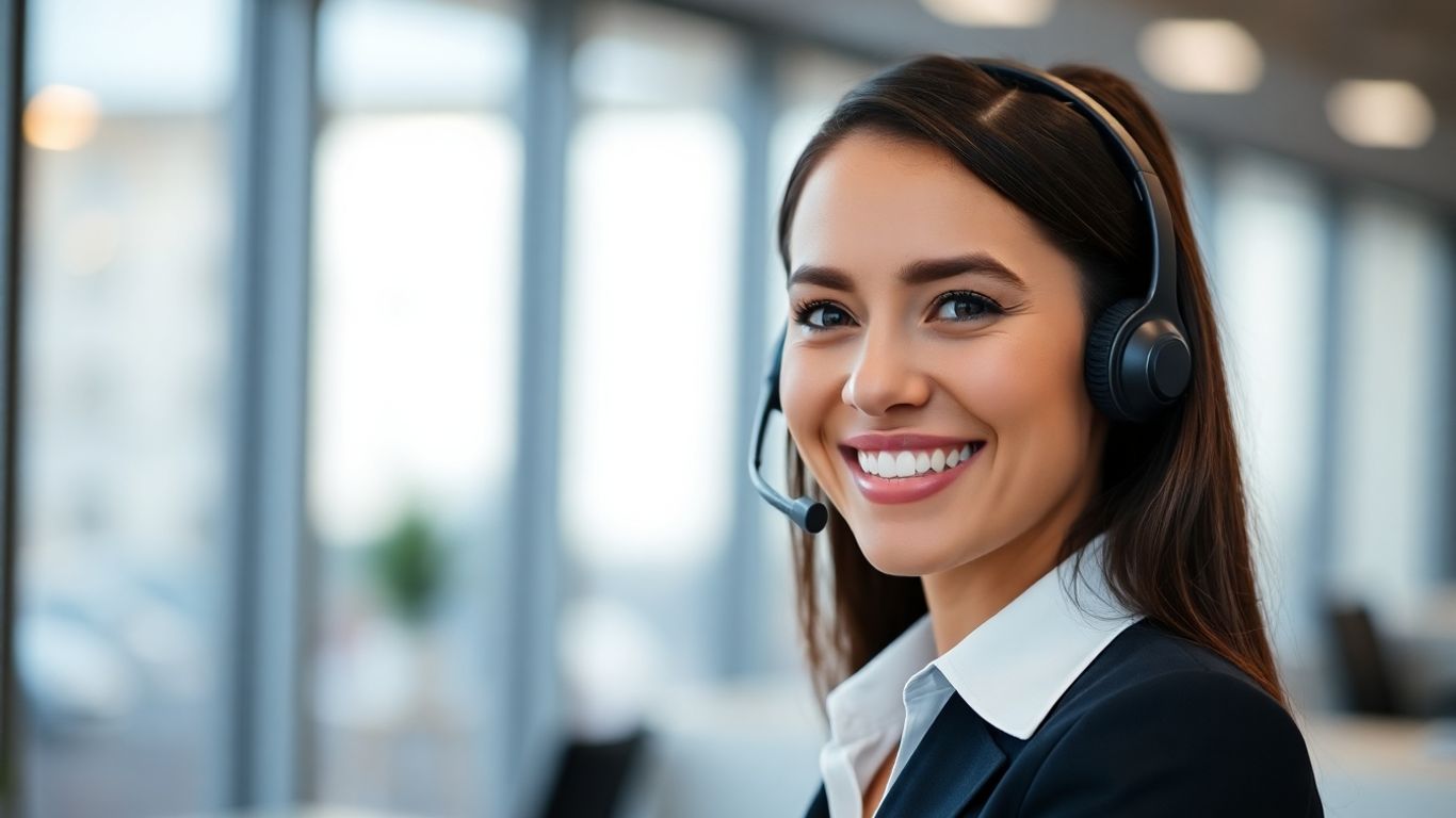 Virtual receptionist speaking into headset