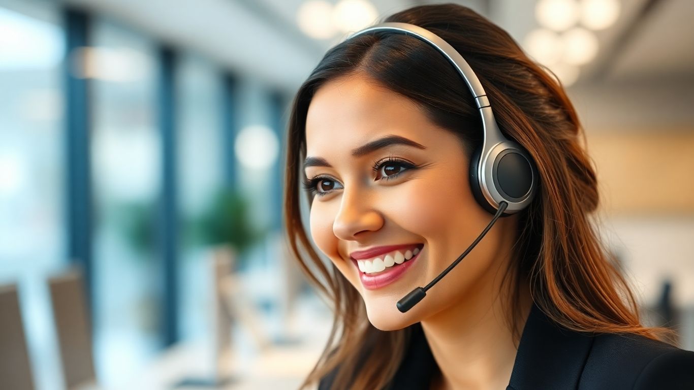 Professional woman wearing a headset, ready to assist.