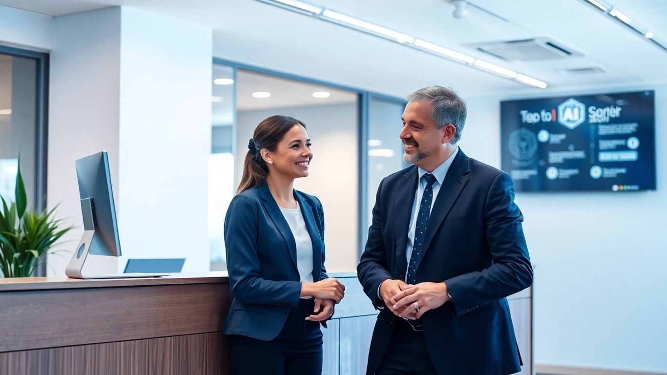 Receptionist and client with AI interface on screen.