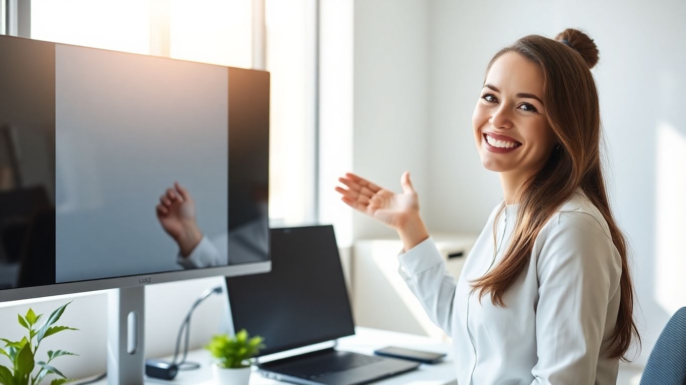 Virtual receptionist assisting a client on a computer.