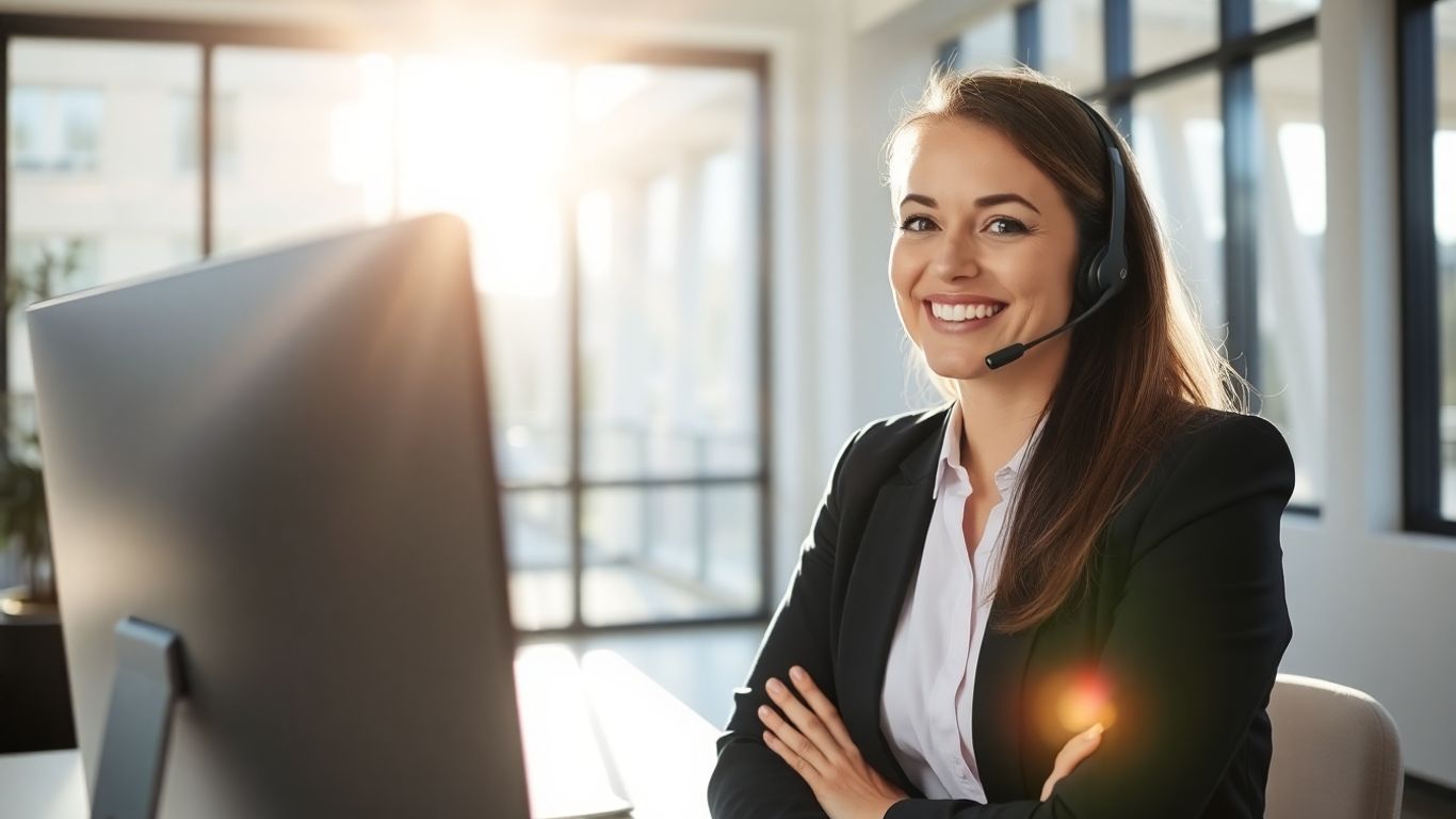 Professional woman with headset in a bright office.