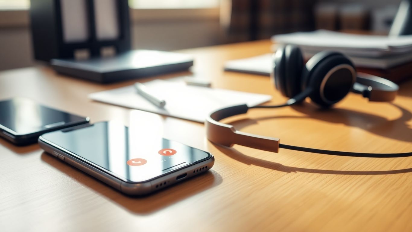 Attorney's desk with smartphone and headset.