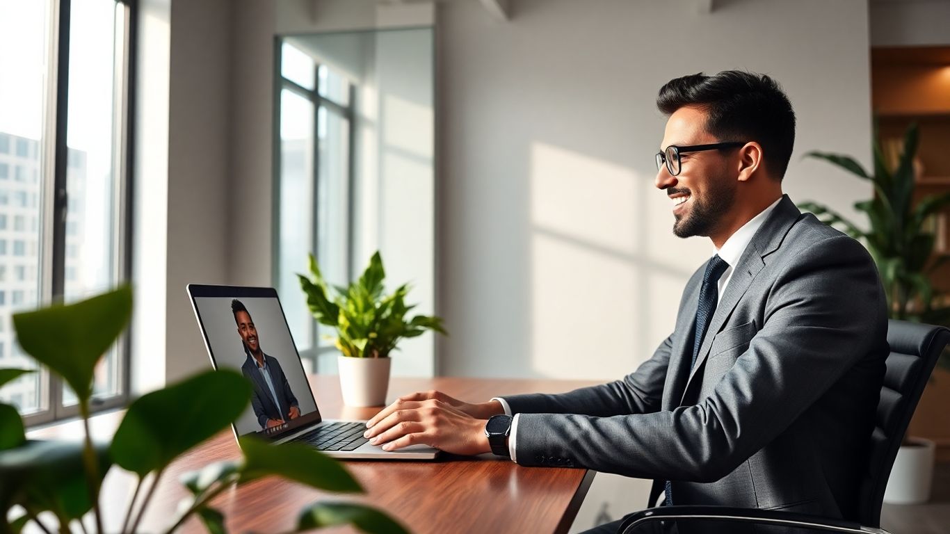Attorney on video call with client in modern office.