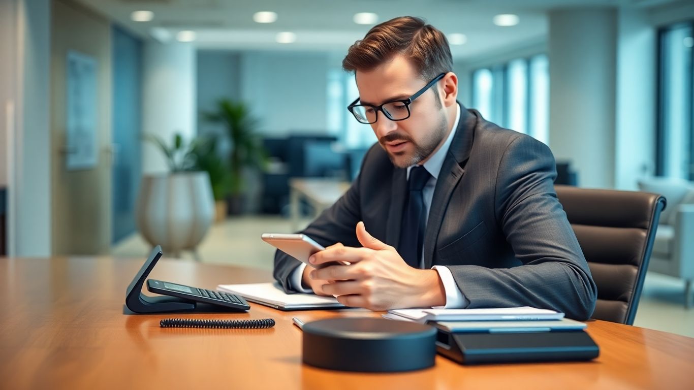 Attorney at desk with glowing phone
