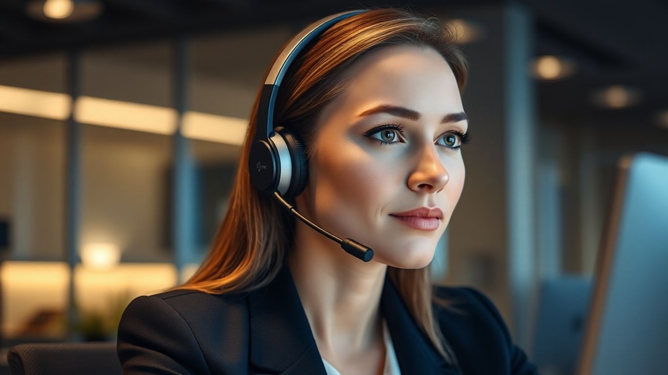 Professional woman using headset in modern office