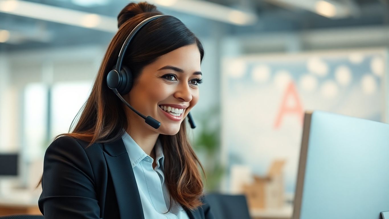 Professional woman with headset, smiling in office.