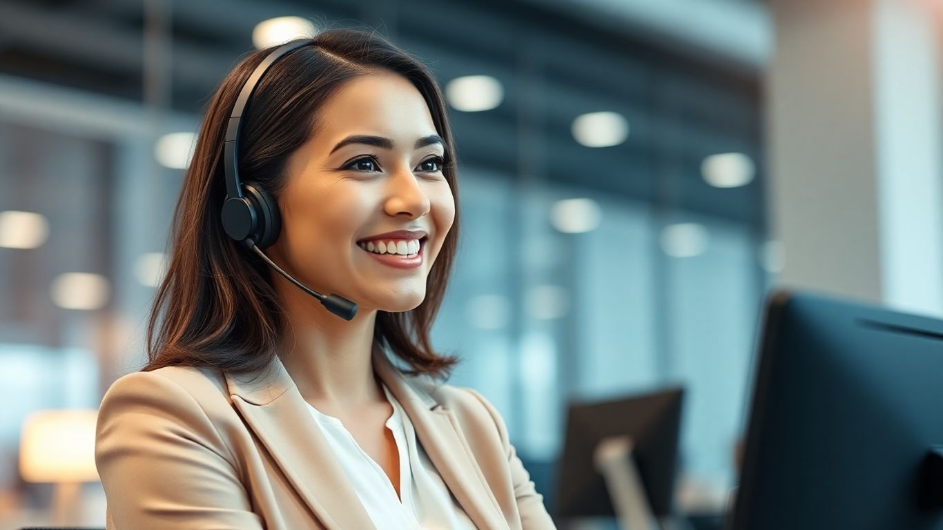 Virtual receptionist using headset in a modern office.