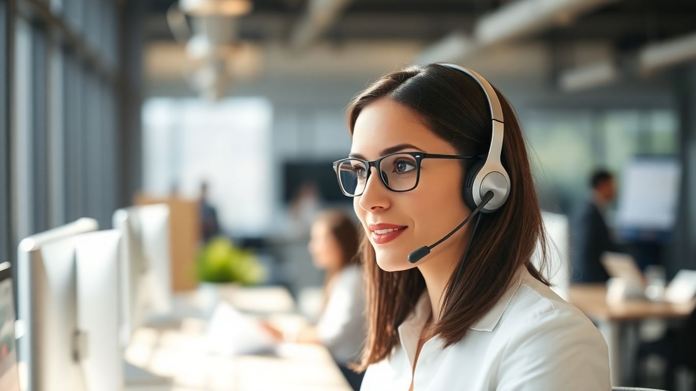 Professional woman on headset in a modern office.
