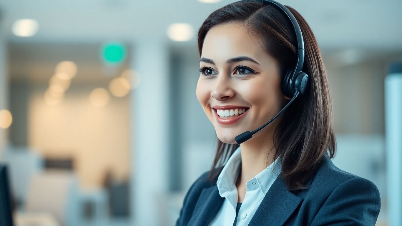 Professional woman wearing headset, managing calls efficiently.