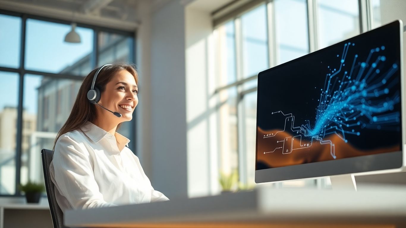 Professional woman using headset in modern office