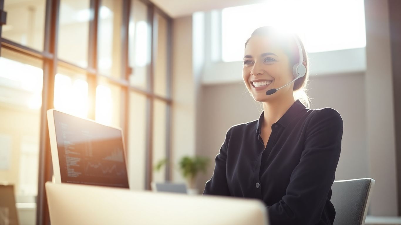 Professional woman with headset, modern office, sunlight