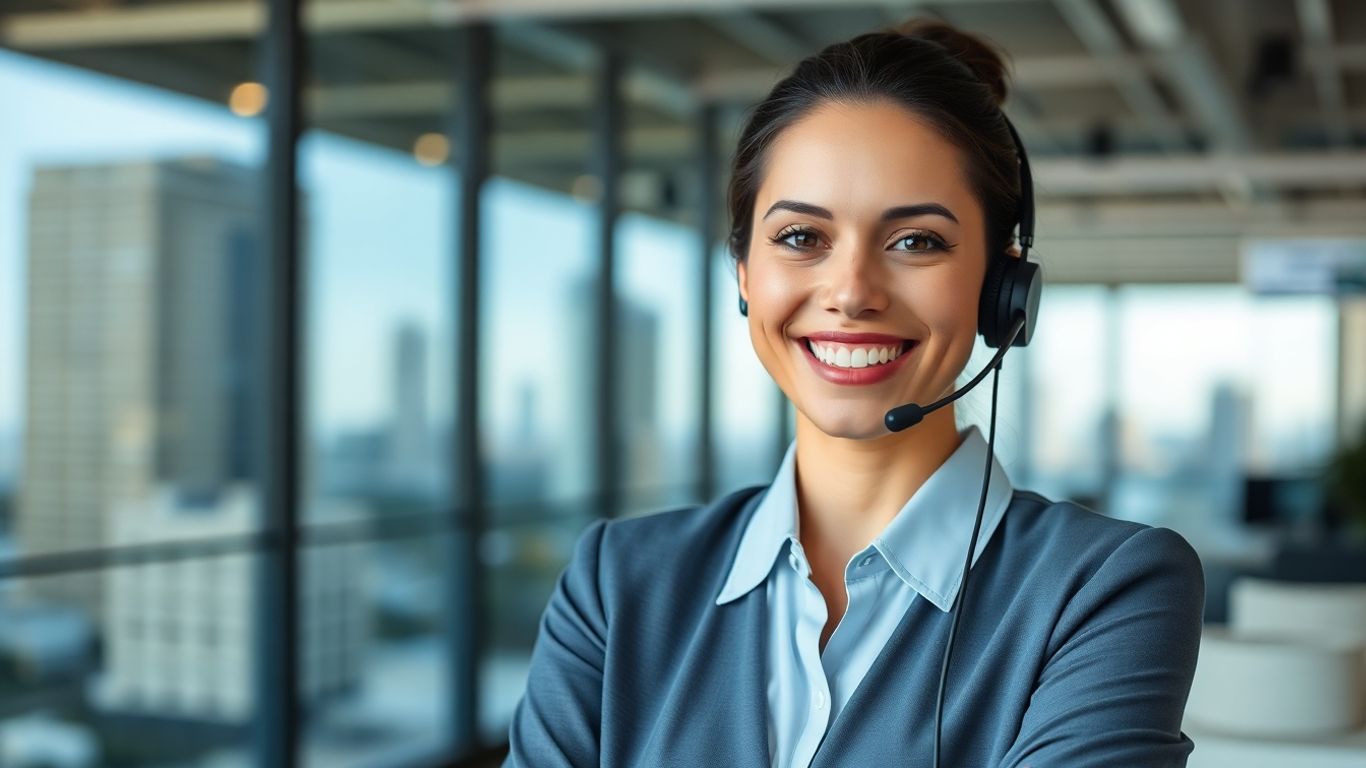 Professional woman with headset, Florida cityscape background.