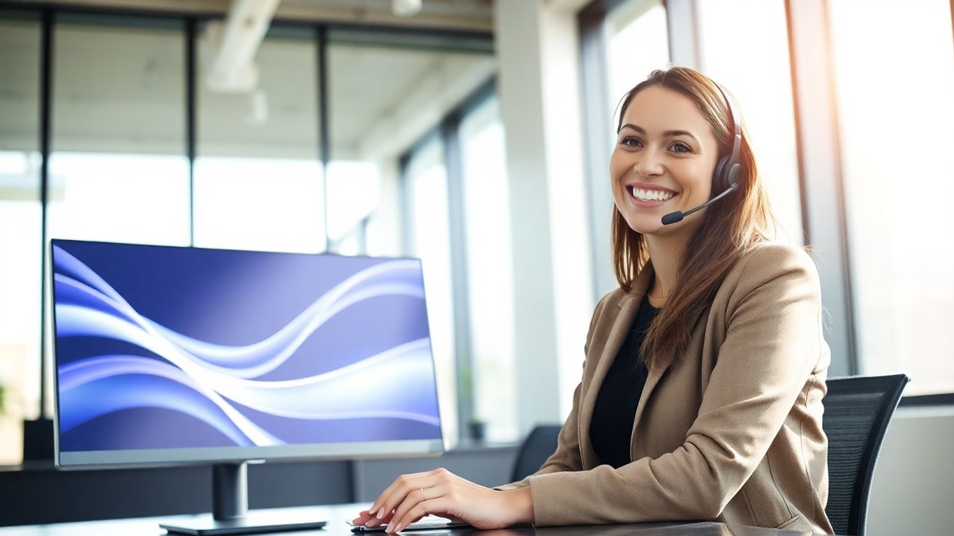 Professional woman with headset, office, light lines.