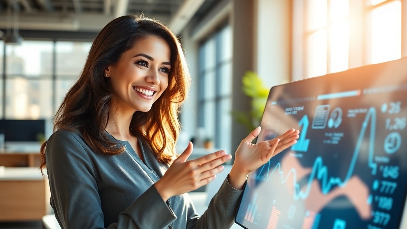 Professional woman interacting with AI interface in modern office.