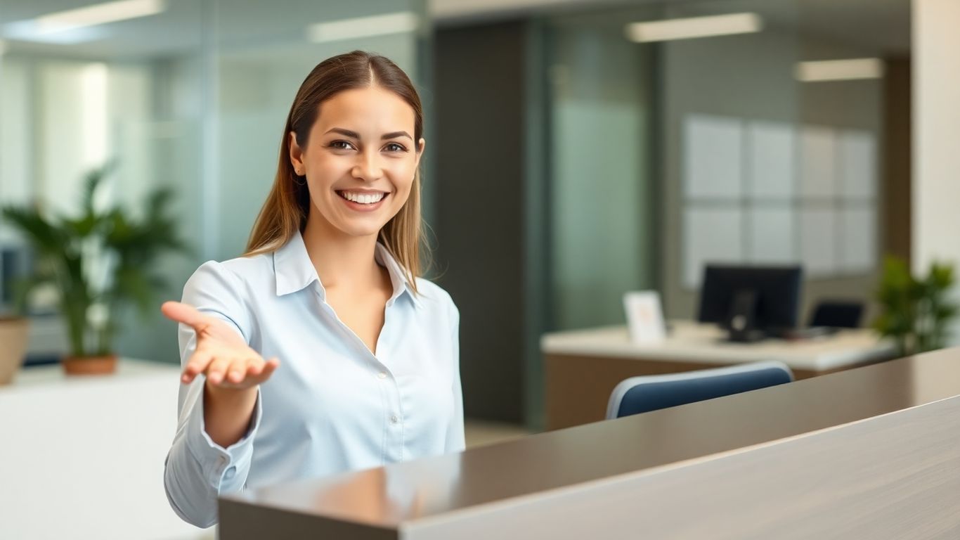 Professional receptionist greeting visitors at a modern desk.