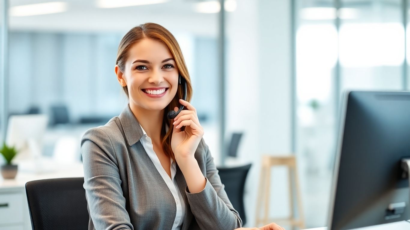 Professional woman with headset at reception desk.