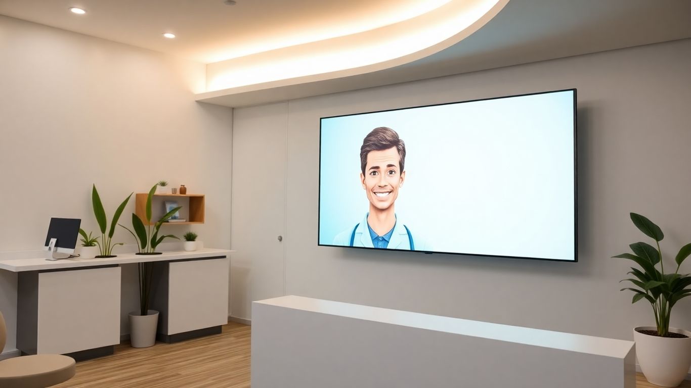 AI receptionist avatar in a modern dental office.