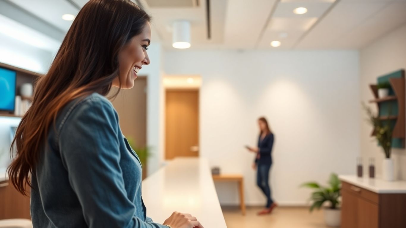Smiling dental receptionist in a modern office.