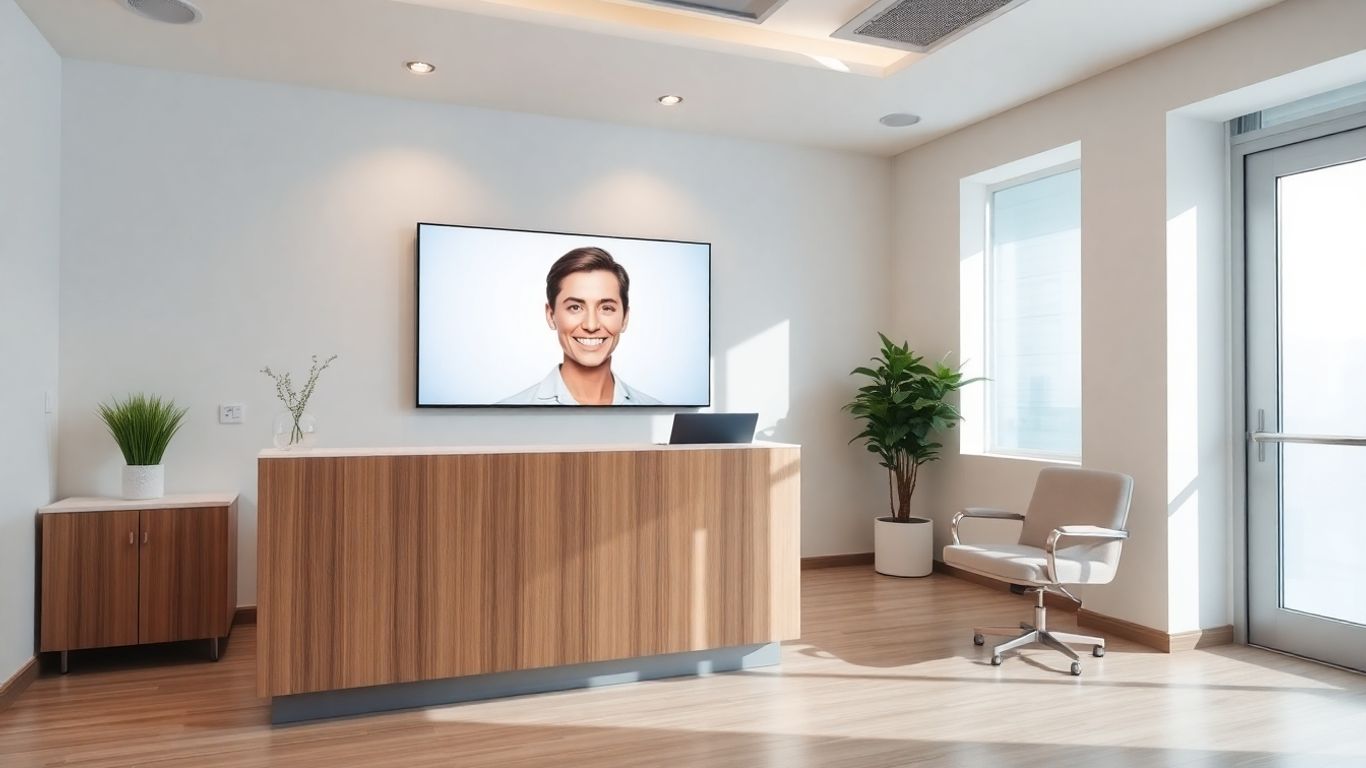 AI receptionist smiling in a modern dental office.