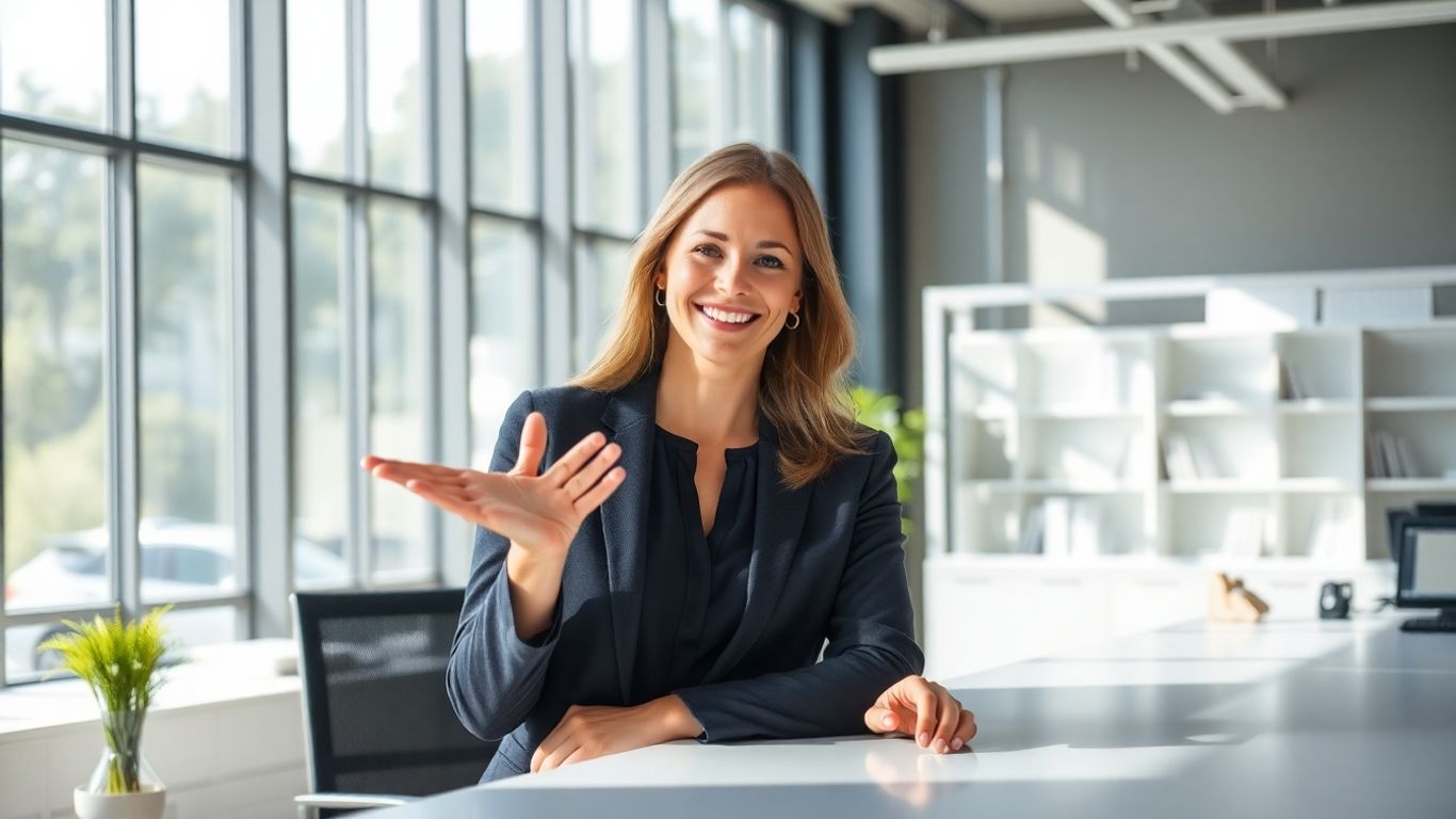 Professional receptionist in a bright, modern office.