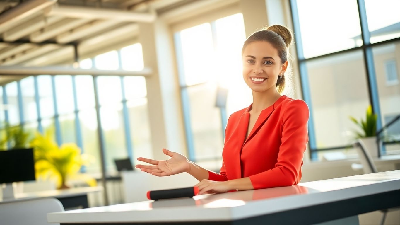Professional woman in office with a welcoming smile.