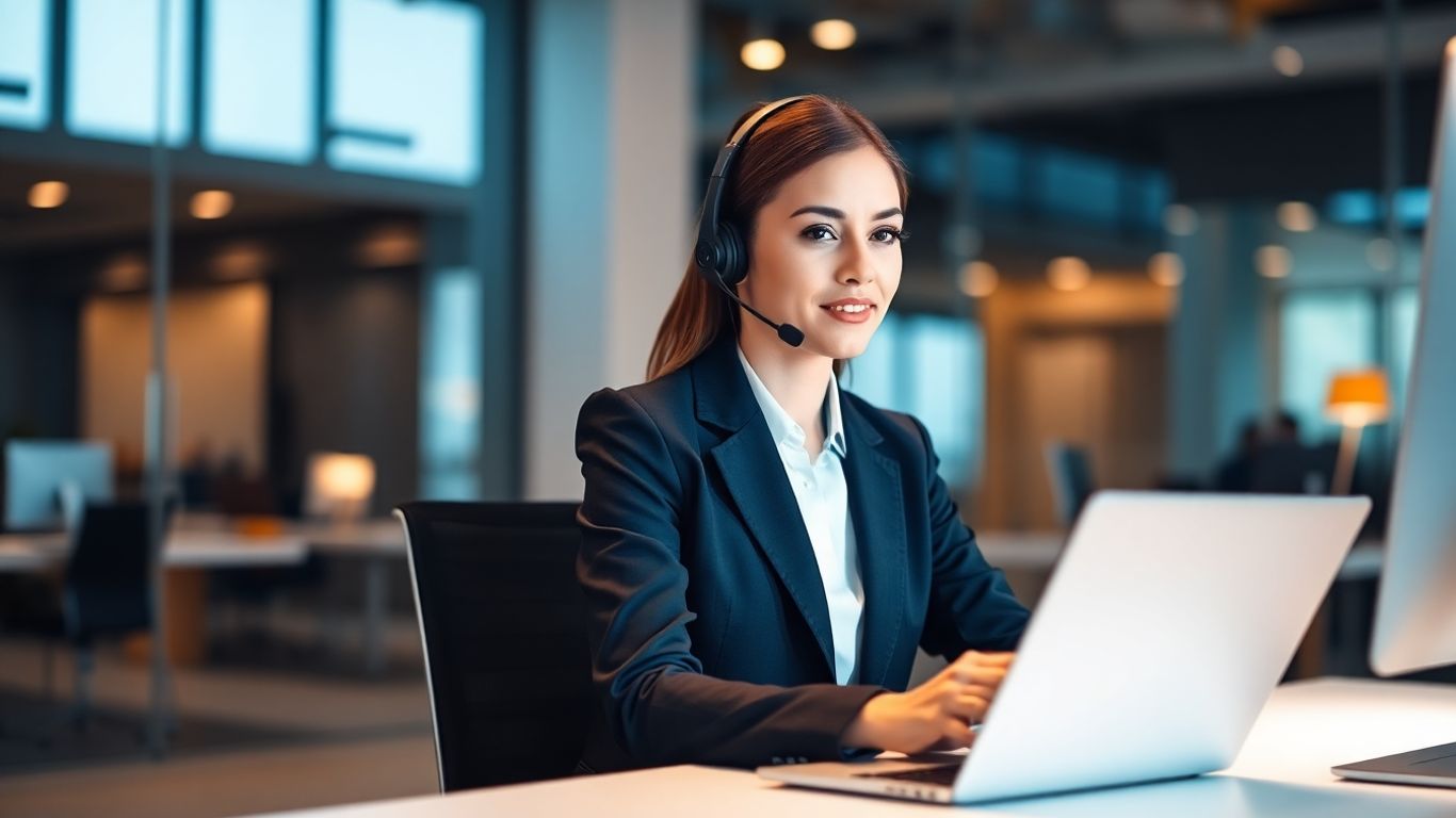 Professional woman answering a call with a headset.