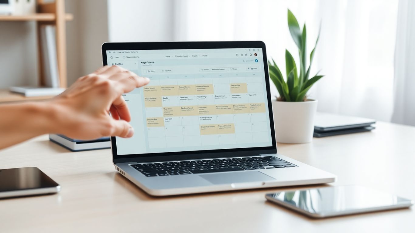 Laptop calendar integration with hand interacting with appointments.